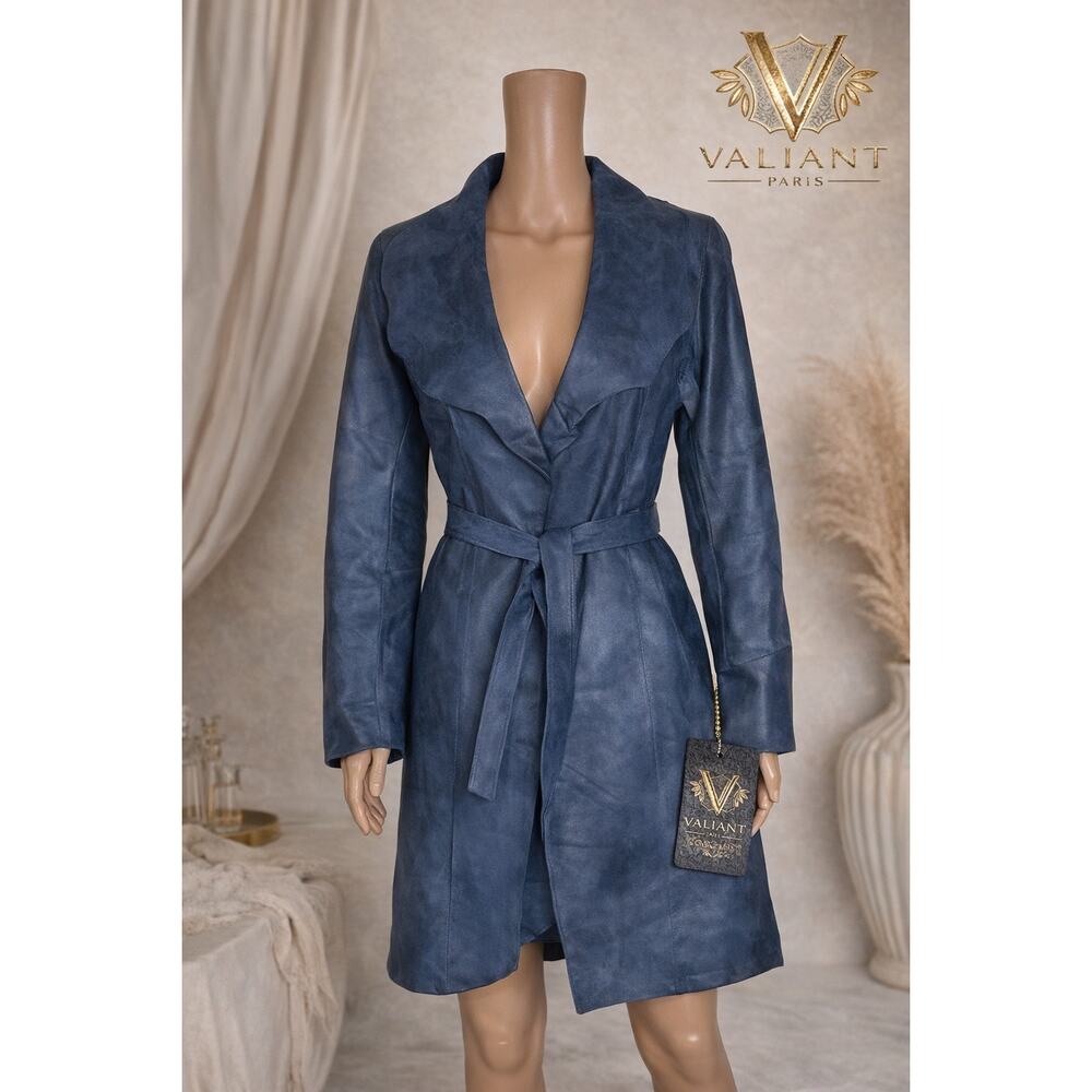 NEW Valiant Paris Lambskin Leather Jacket Blue Wrap Belted Luxe Statement Coat